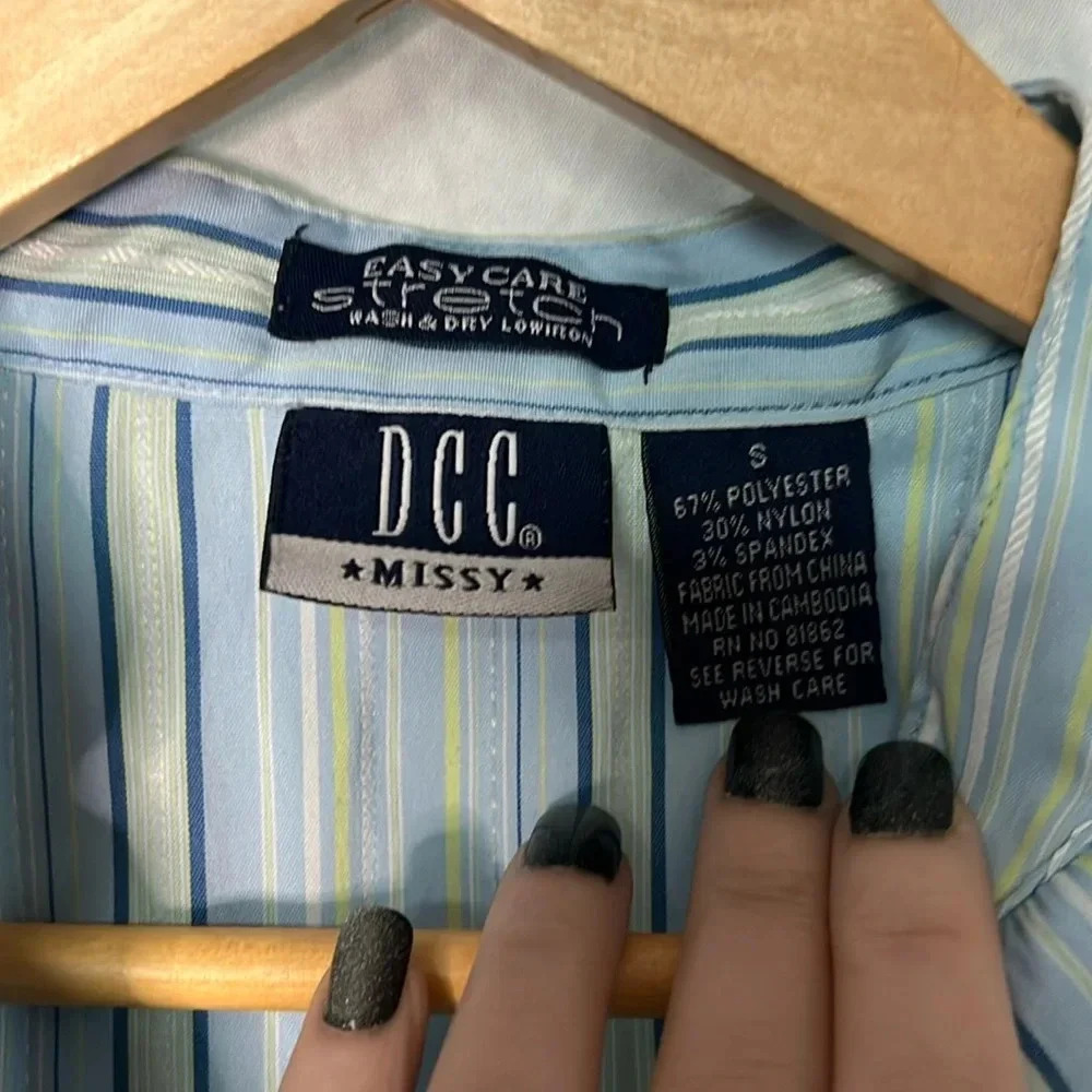 DCC Missy Green, Blue, Sage and White Striped Button Down 3/4 Sleeve Blouse - Picture 9 of 10